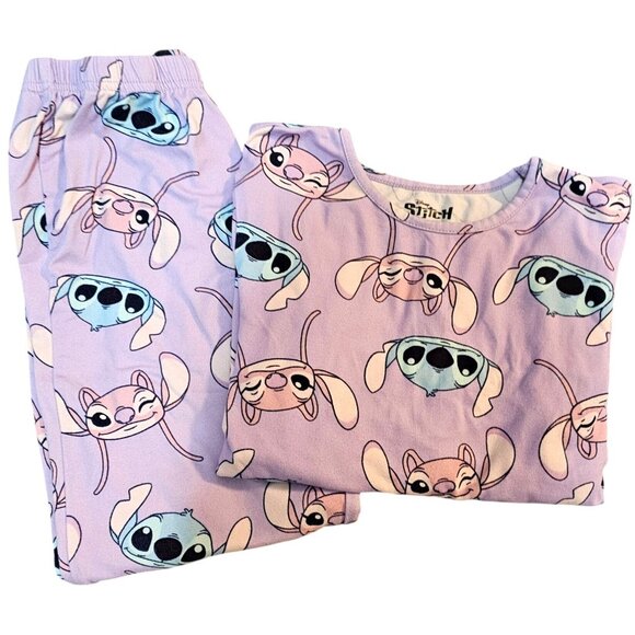 Disney Stitch Kids Pajama Set 6-7 Yrs Purple Cartoon Pattern Long Sleeve Top & P - Picture 1 of 8